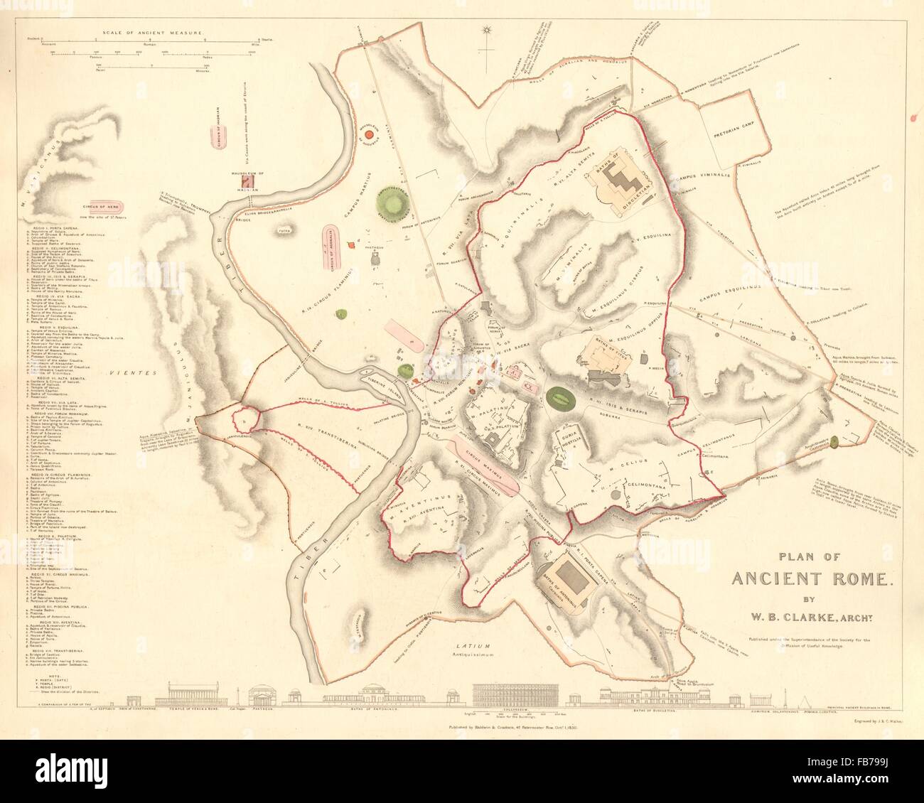 Roma Antica Roma: antico della città piano mappa.originale colorazione a mano.SDUK 1848 Foto Stock