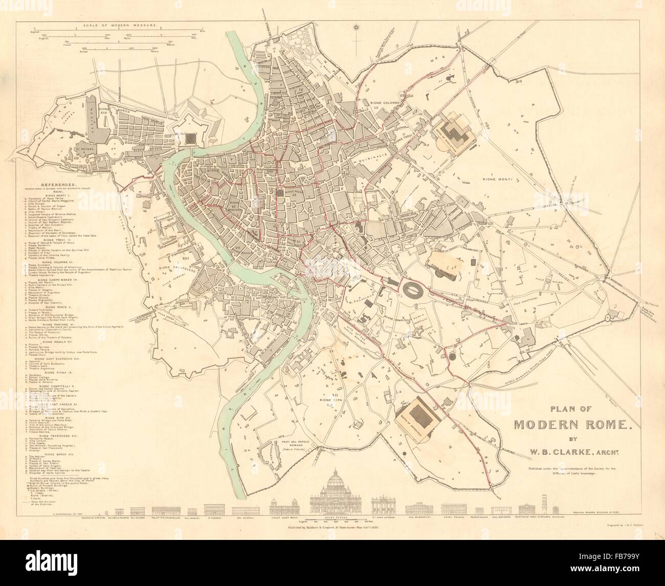 ROMA: città antica città mappa piano. Originale la colorazione a mano. SDUK, 1848 Foto Stock