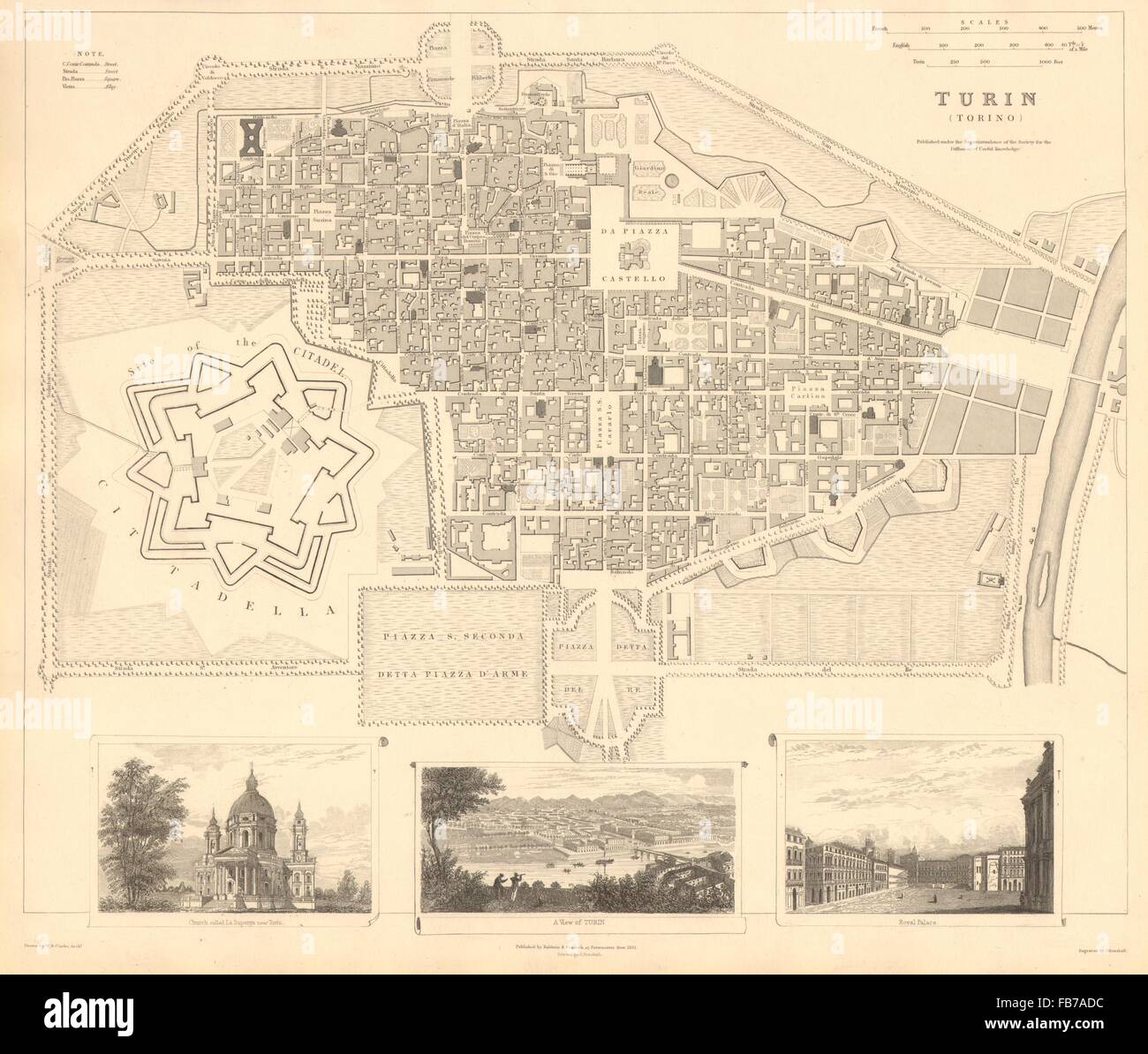 Torino Torino:città antica mappa della città plan.Panorama.Superga.Royal Palace.SDUK 1848 Foto Stock