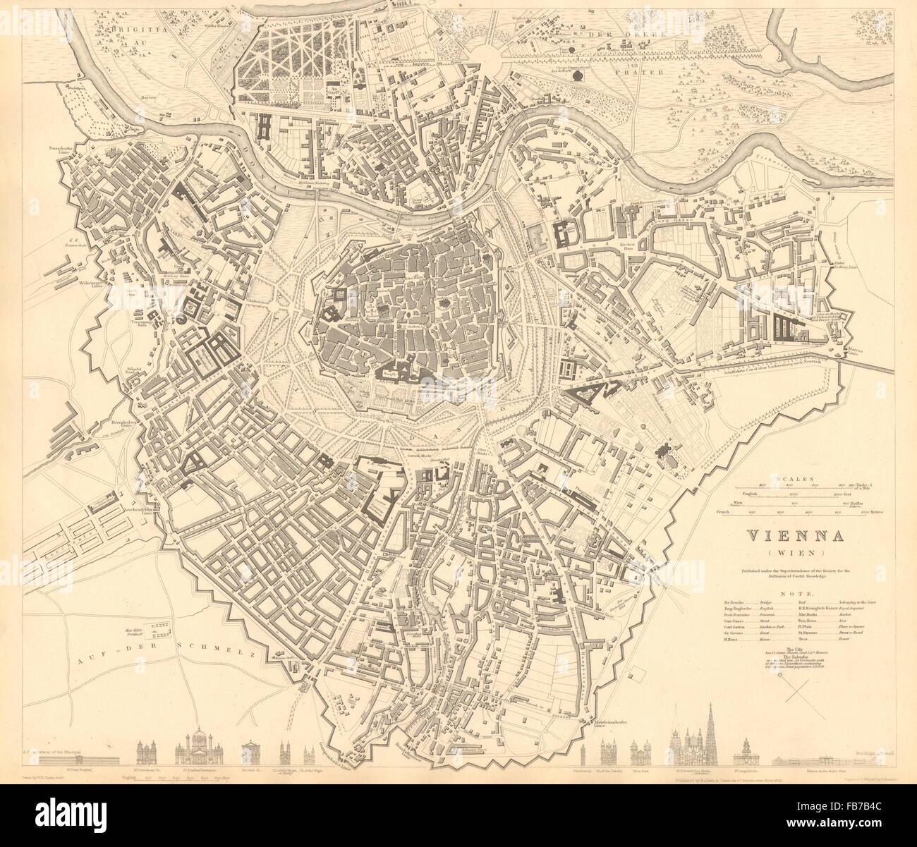 VIENNA WIEN: città antica città mappa piano. Edificio principale profili. SDUK 1848 Foto Stock