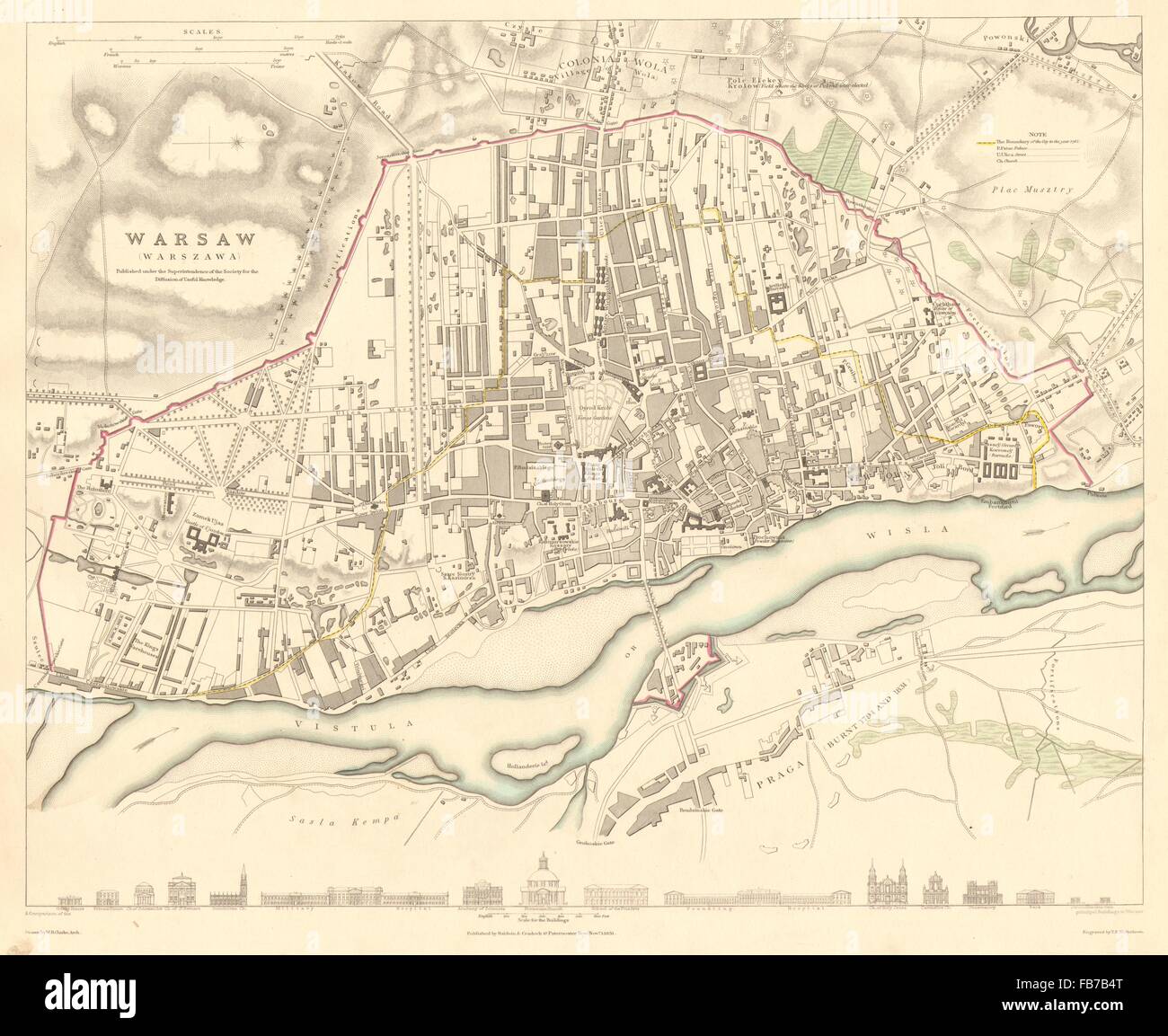 Varsavia WARSZAWA: città antica città mappa piano. La costruzione di profili.Color.SDUK 1848 Foto Stock