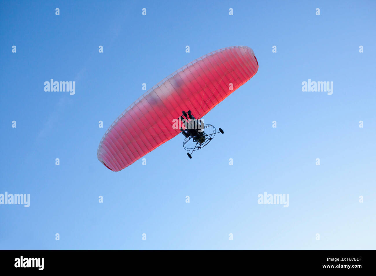 Basso angolo di visione della persona parapendio motore contro il cielo blu chiaro Foto Stock