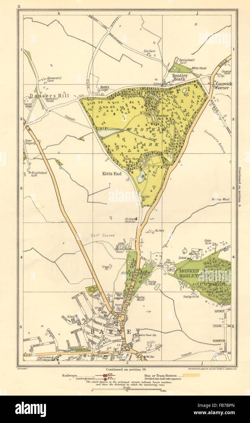 BARNET:Monken Hadley,Wrotham Park,Kitts fine,ballerino Hill,Ganwick Cnr, 1923 Mappa Foto Stock