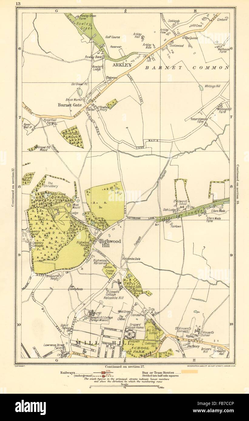 Londra: Arkley, Barnet Gate, Highwood Hill, Mill Hill, 1923 Vintage map Foto Stock