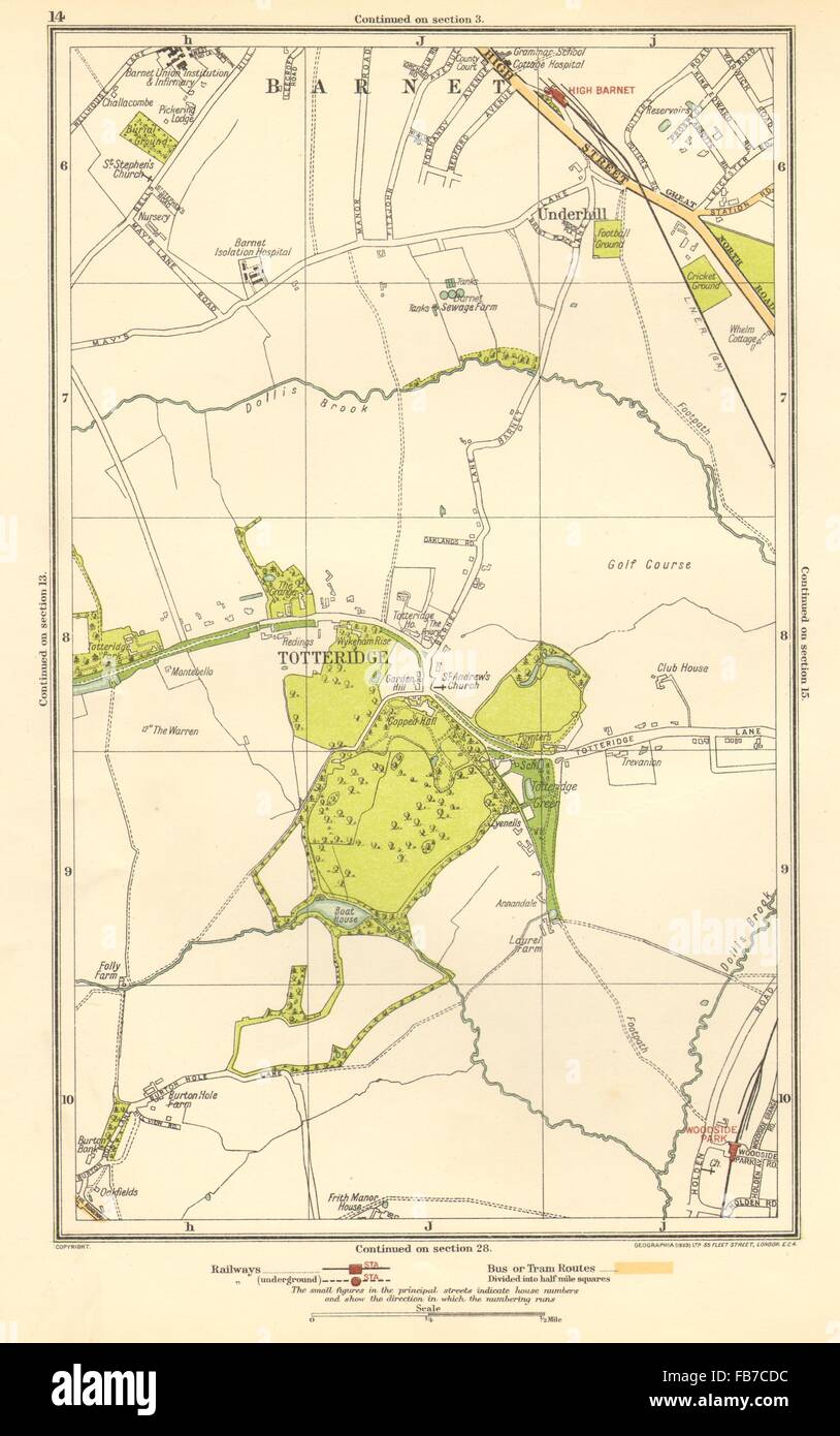 HIGH BARNET/Chipping Barnet: Totteridge, Woodside Park, Underhill, 1923 Mappa Foto Stock
