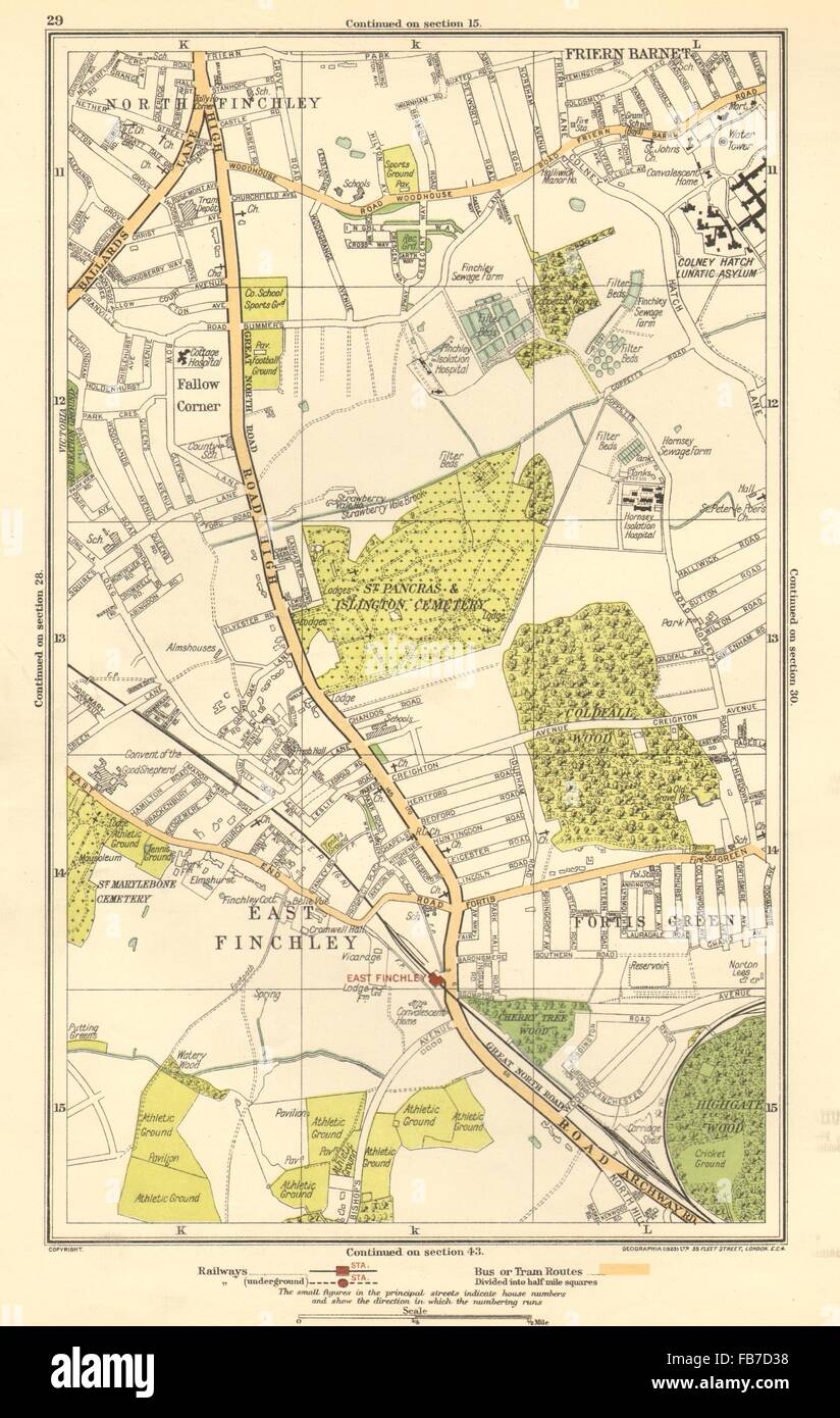 FINCHLEY: Fortis Green, Friern Barnet, Muswell Hill, angolo di maggese, 1923 Mappa Foto Stock