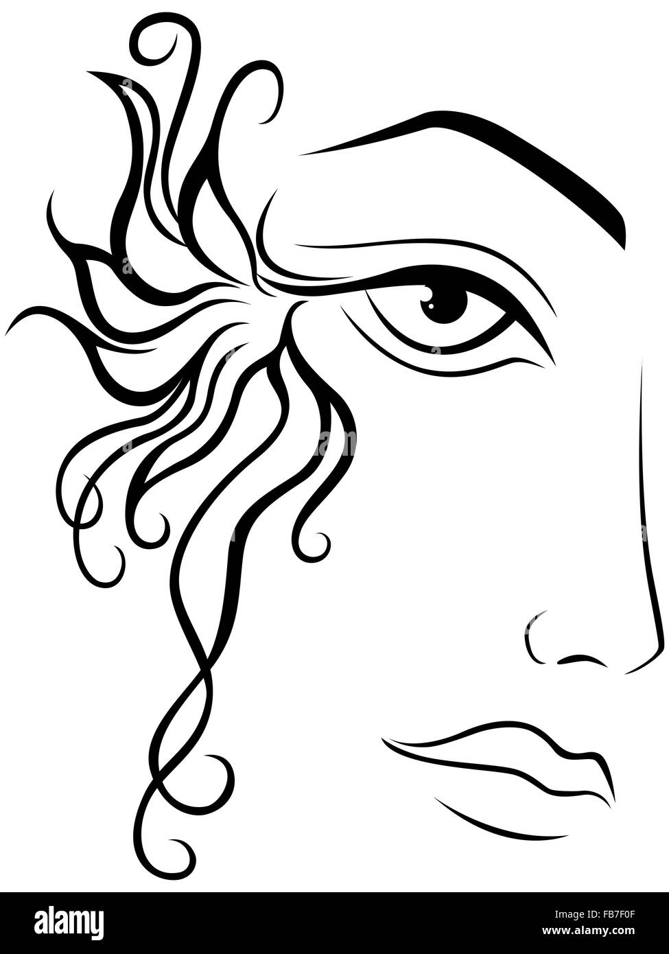 Abstract di nero faccia femmina contorno su uno sfondo bianco, del disegno a mano oggetti grafici vettoriali Illustrazione Vettoriale