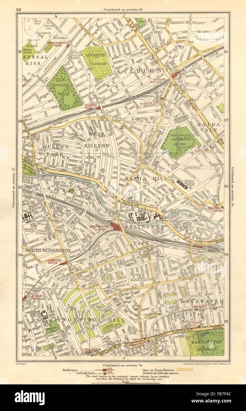 NOTTING HILL:Bayswater, Kilburn,Maida Vale,Westbourne Park,Queens Park, 1923 Mappa Foto Stock