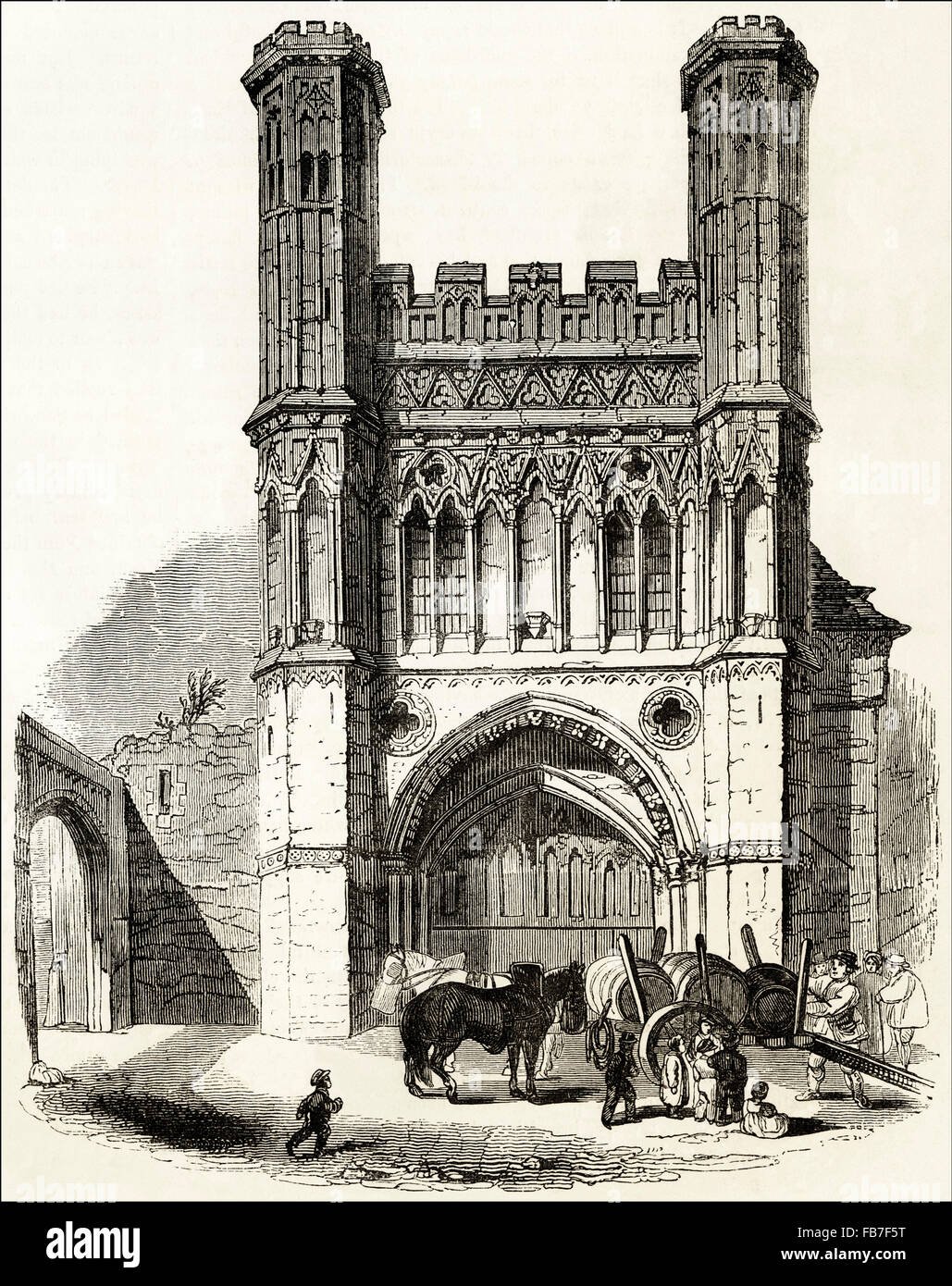 Grande Porta di St Augustine's Abbey a Canterbury. Victorian xilografia incisione di circa 1845. Foto Stock