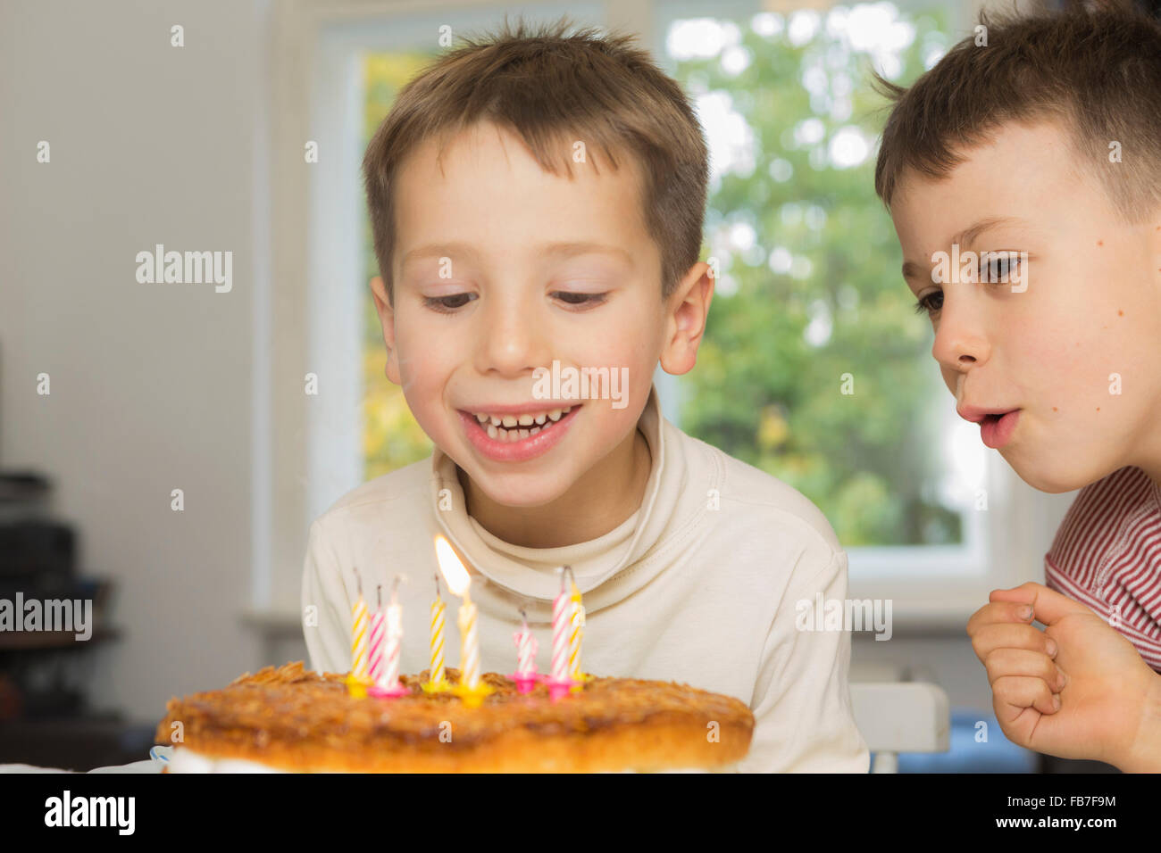 Ragazzo che guarda al fratello soffiando candeline di compleanno Foto Stock