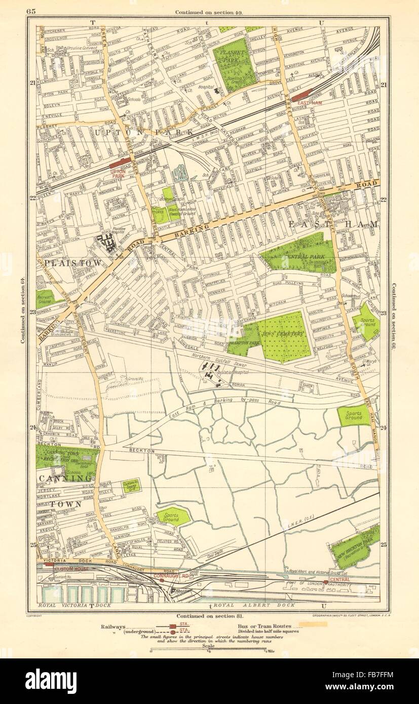 Londra: East Ham, Plaistow, Upton Park West Ham, Custom House, 1923 mappa vecchia Foto Stock