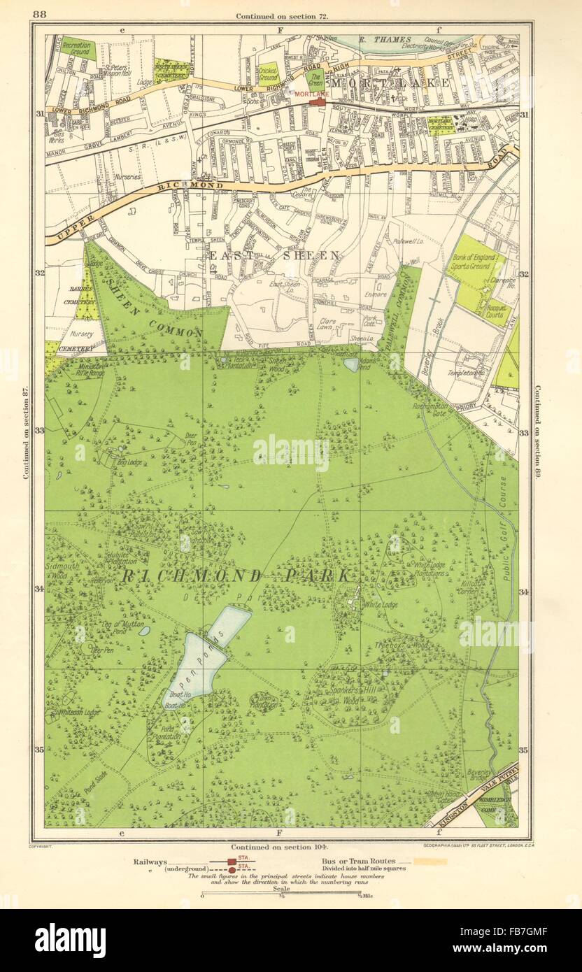 Londra: Richmond Park, ad East Sheen, Mortlake, North Sheen, Roehampton, 1923 Mappa Foto Stock