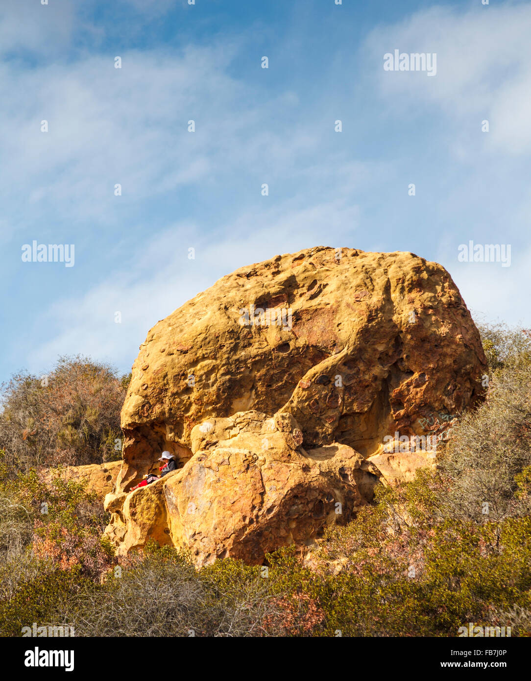 Escursionista si rilassa al cranio Rock off il Temescal Ridge Trail nel Topanga State Park, a cui si accede tramite il Gateway Temescal Park Foto Stock