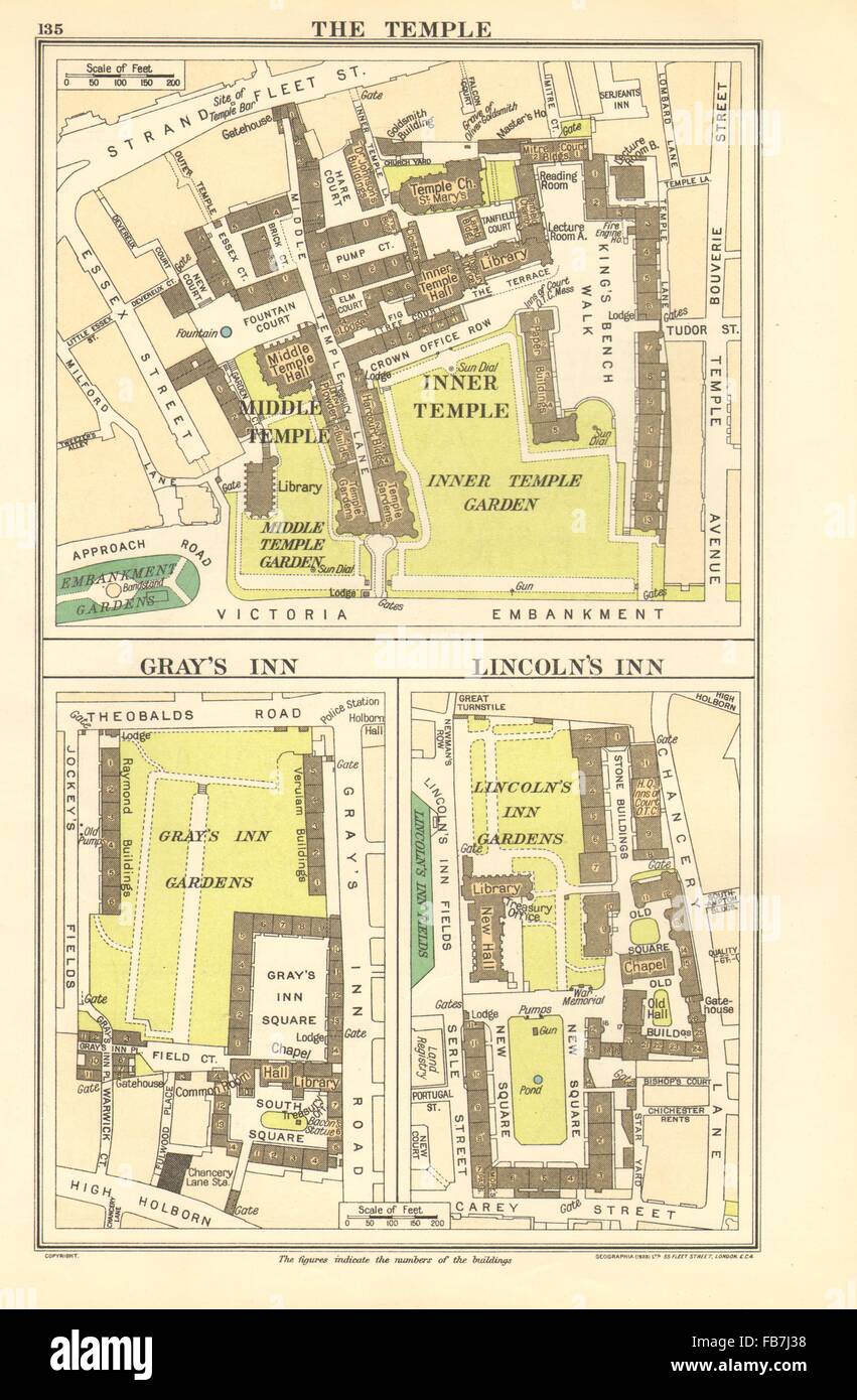 Londra: il tempio; Gray's Inn; LINCOLN' S INN, 1923 Vintage map Foto Stock