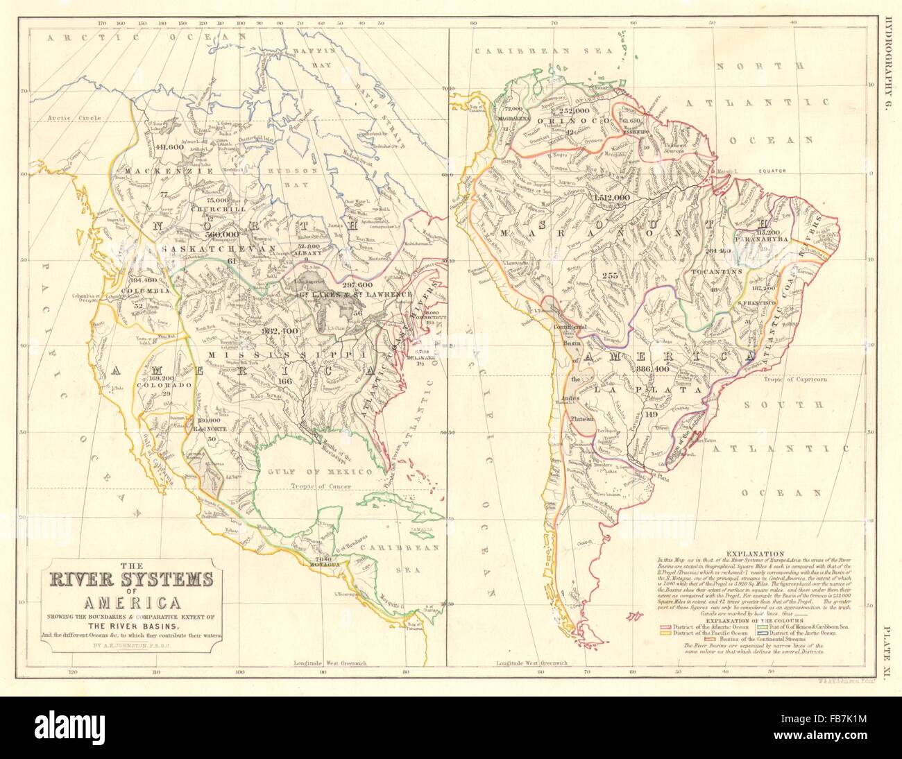 Americhe:Nord e Sud America i sistemi del fiume. Divide di drenaggio/bacini, 1850 Mappa Foto Stock