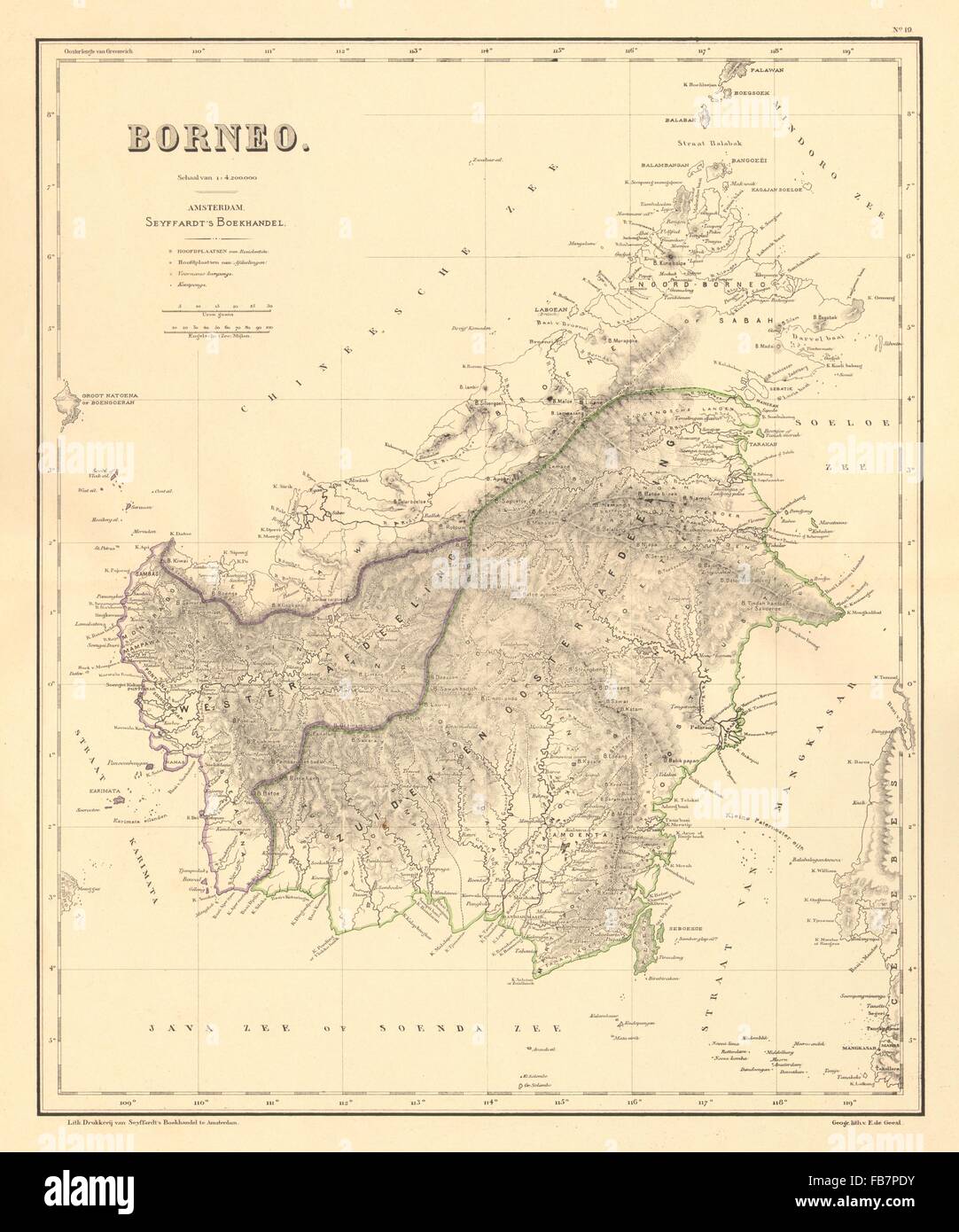 Le Indie orientali olandesi: BORNEO:Kalimantan Sarawak Sabah Brunei.DORNSEIFFEN, 1892 Mappa Foto Stock