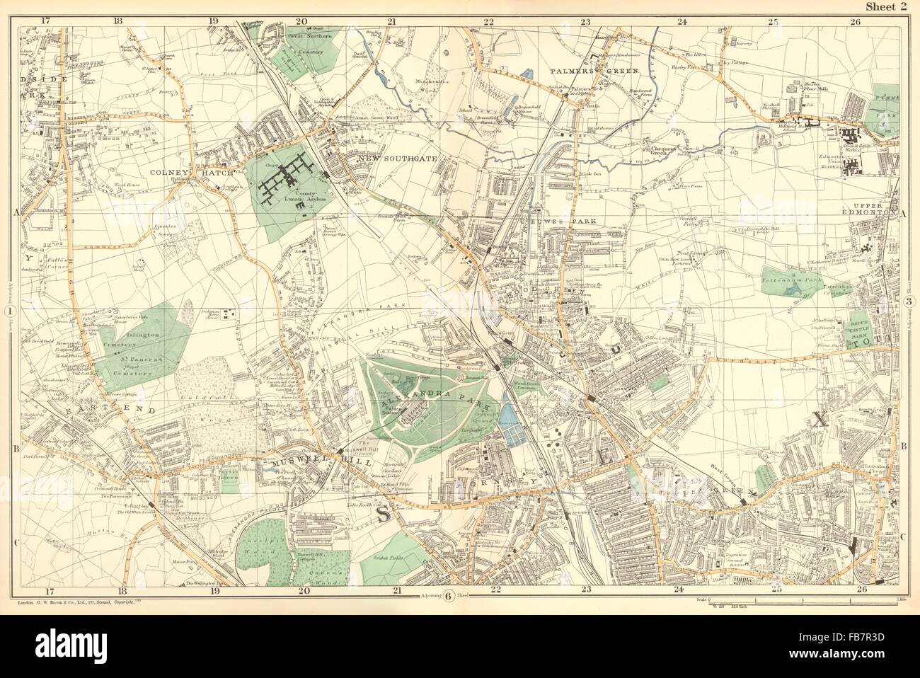 FRIERN BARNET/HORNSEY:Palmers/Wood Green,Southgate,Muswell Hill.BACON, 1902 Mappa Foto Stock