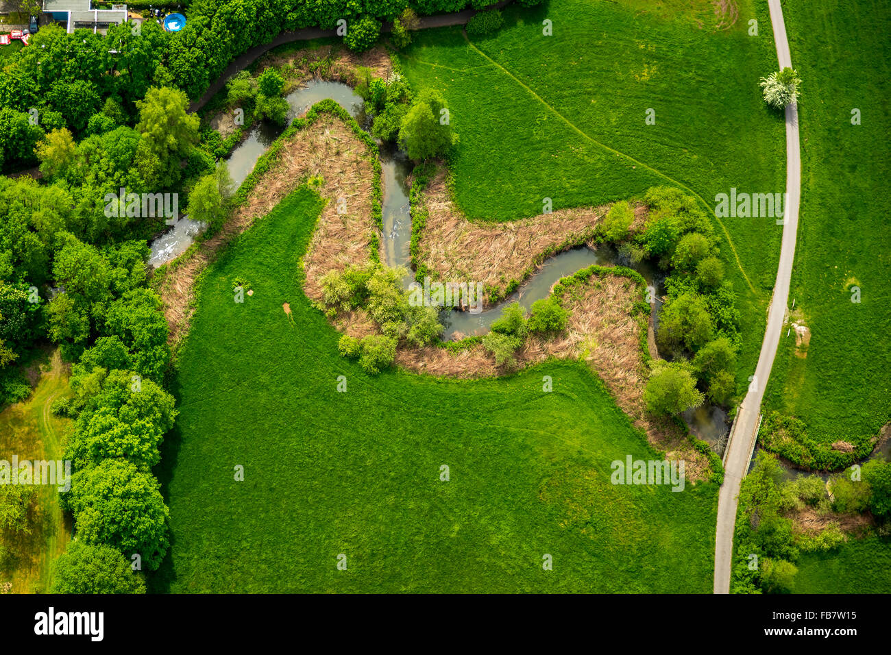 Vista aerea, renaturalization di un flusso, Alt Erkrath, Erkrath, Renania, Renania settentrionale-Vestfalia, Germania, Europa, vista aerea Foto Stock