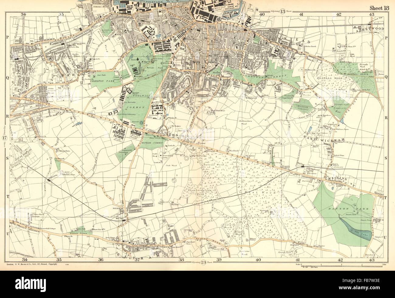 WOOLWICH: Charlton,Eltham,Bexley,Plumstead,Shooters Hill, G'quale.BACON, 1902 Mappa Foto Stock