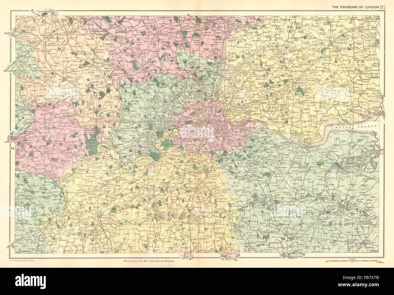 LONDON & Home Counties:Middx Essex Kent Surrey Berks Bucks Herts.BACON, 1902 Mappa Foto Stock