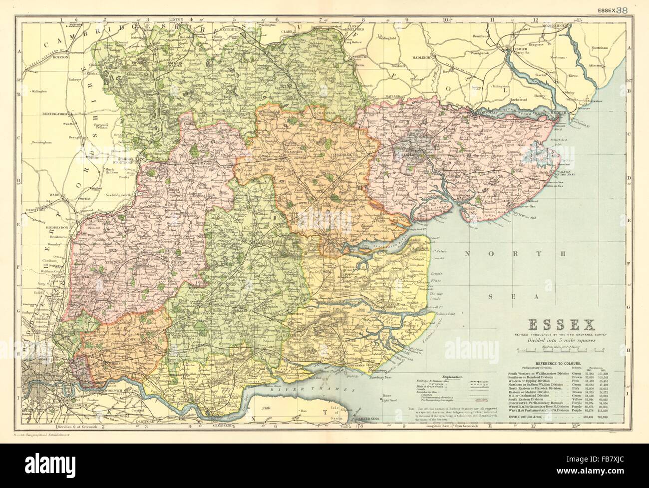 ESSEX: County map. Circoscrizioni parlamentare divisioni. Le ferrovie. BACON 1902 Foto Stock