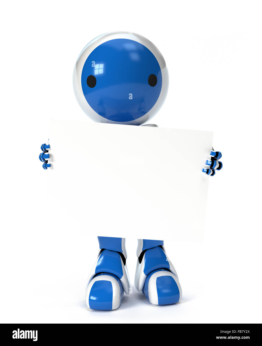 Un simpatico robot tenendo un cartello bianco sul suo corpo, pronto per il tuo testo o disegno. Foto Stock