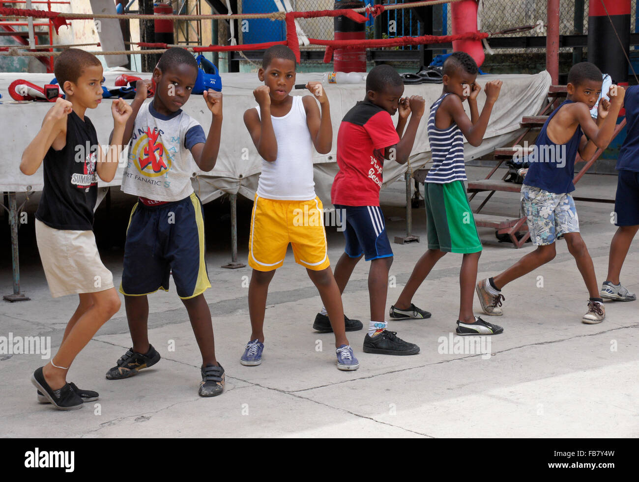 I ragazzi in classe di inscatolamento presso Rafael Trejo palestra, Havana, Cuba Foto Stock