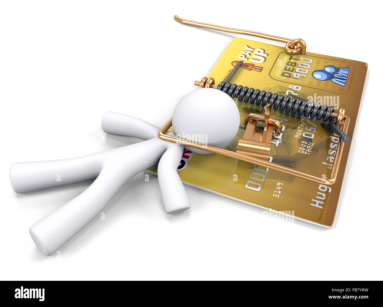 Un uomo catturato in una trappola del mouse realizzata di una carta di credito. Creato per illustrare il prestito predatorio e pericoli di credito. Foto Stock