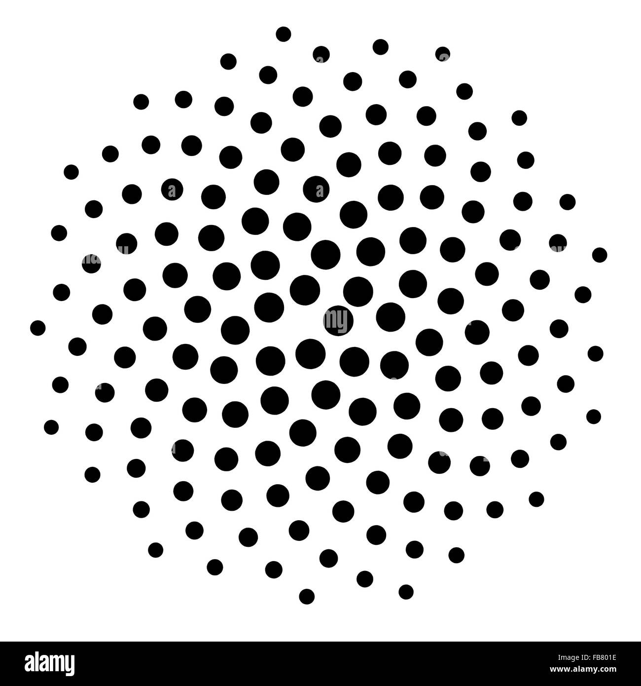 Royalty free clipart illustrazione di una spirale nera matematica di fibonacci dot pattern, su uno sfondo bianco. Foto Stock