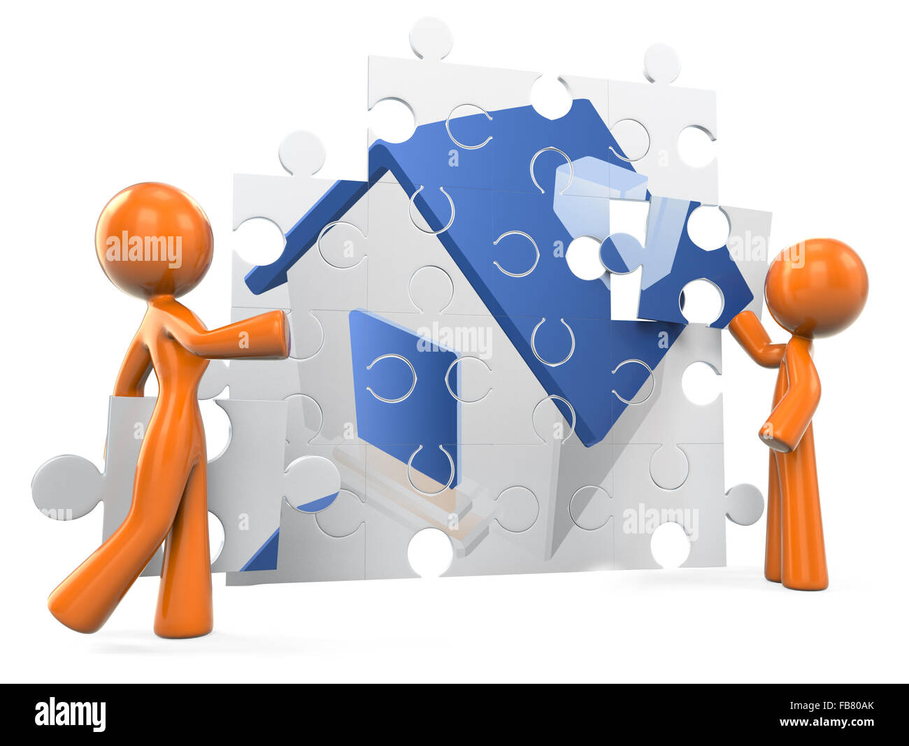 Un uomo di colore arancione e la donna l'assemblaggio di un puzzle di una casa. Una buona idea per la costruzione di casa. Foto Stock