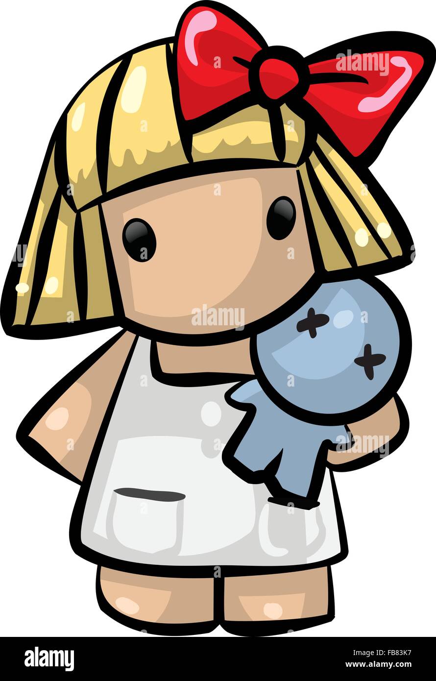 Una piccola ragazza con una bambola blu. Illustrazione Vettoriale