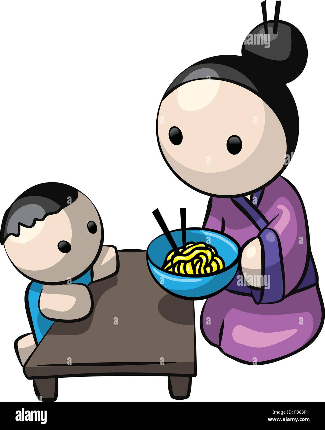 Una bella illustrazione di un giapponese di madre e bambino. È lei che serve a lui fatti in casa a base di noodle saimin. Illustrazione Vettoriale