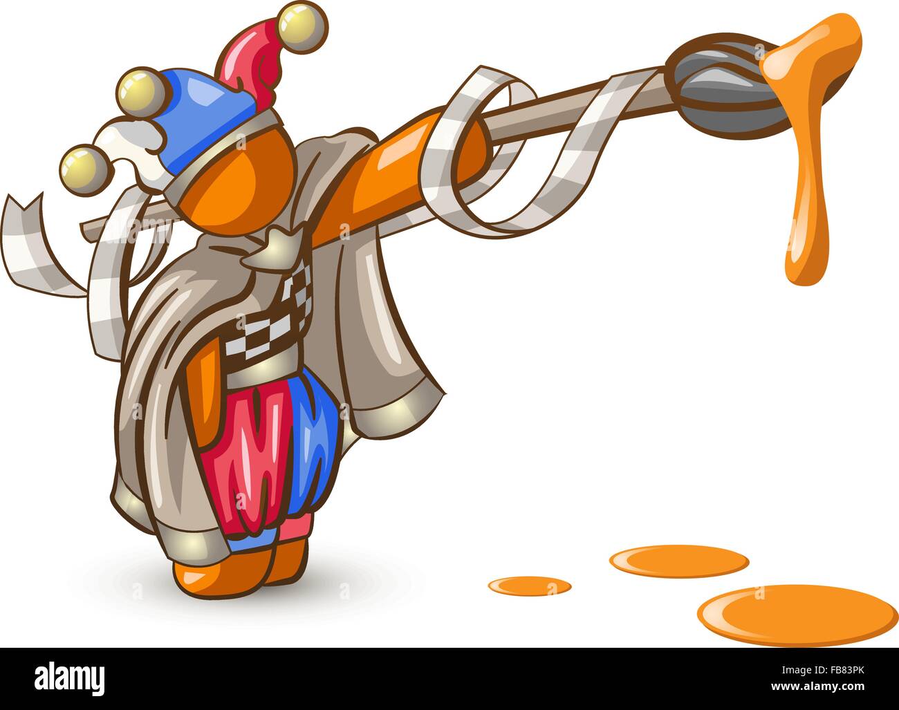 Uomo di colore arancione joker o jester con arancio Pennello, gocciolamento, pronto a dipingere la città di colore arancione. Illustrazione Vettoriale