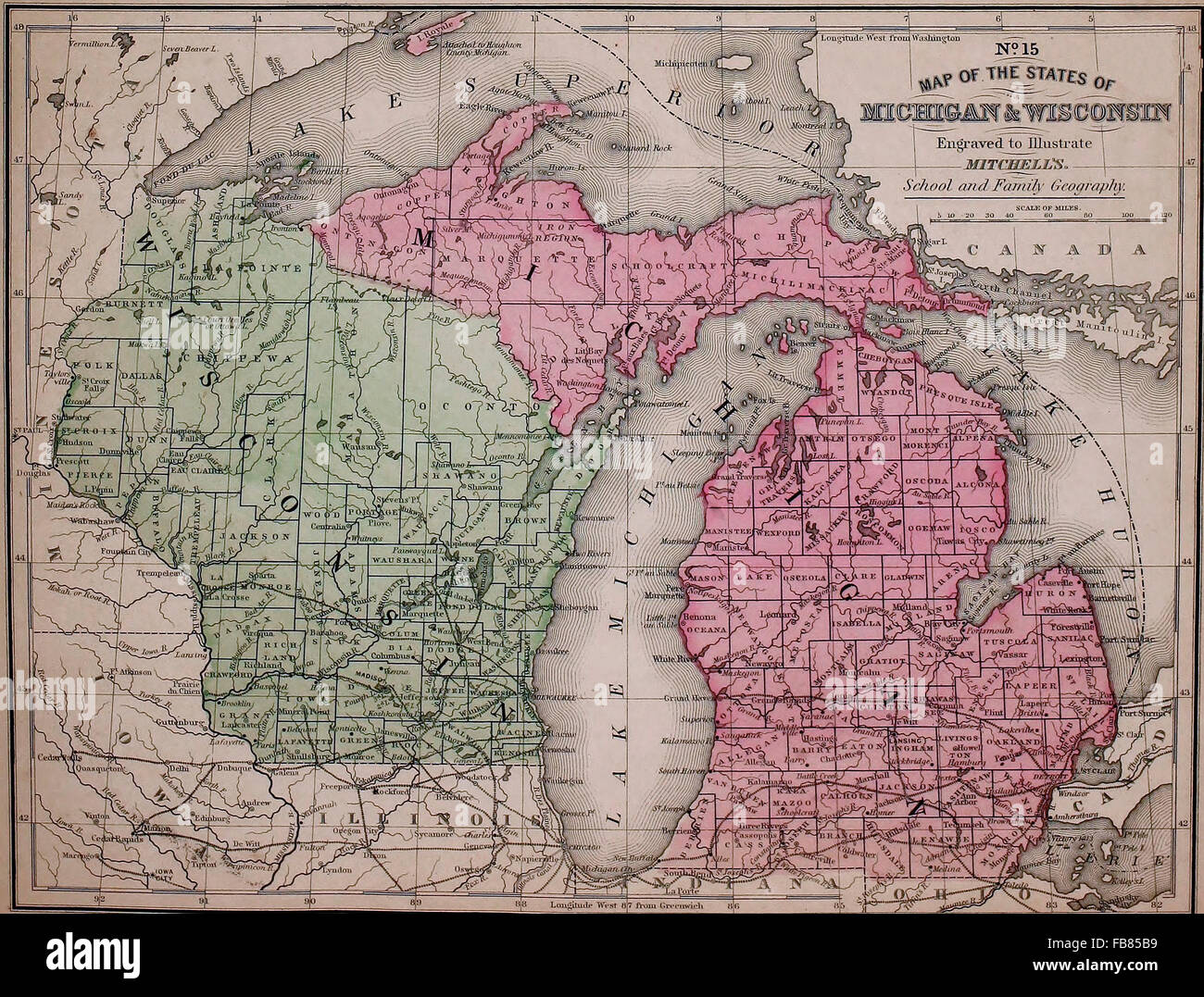 Mappa degli stati del Michigan e Wisconsin, circa 1861 Foto Stock