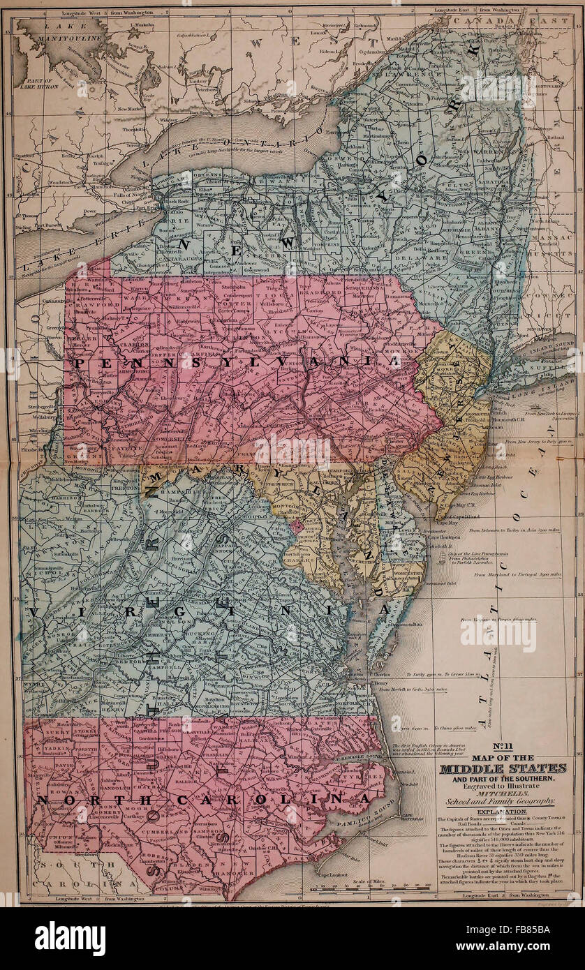 Mappa del Medio Gli Stati degli Stati Uniti America, circa 1861 Foto Stock