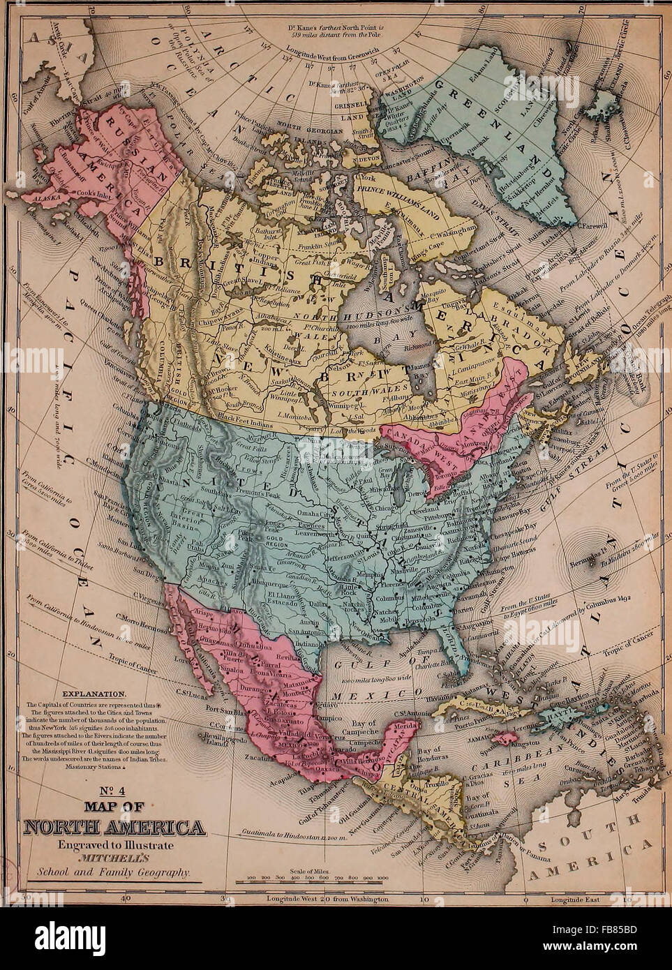 Mappa del Nord America, circa 1861. Mappa mostra Alaska come America Russa Foto Stock