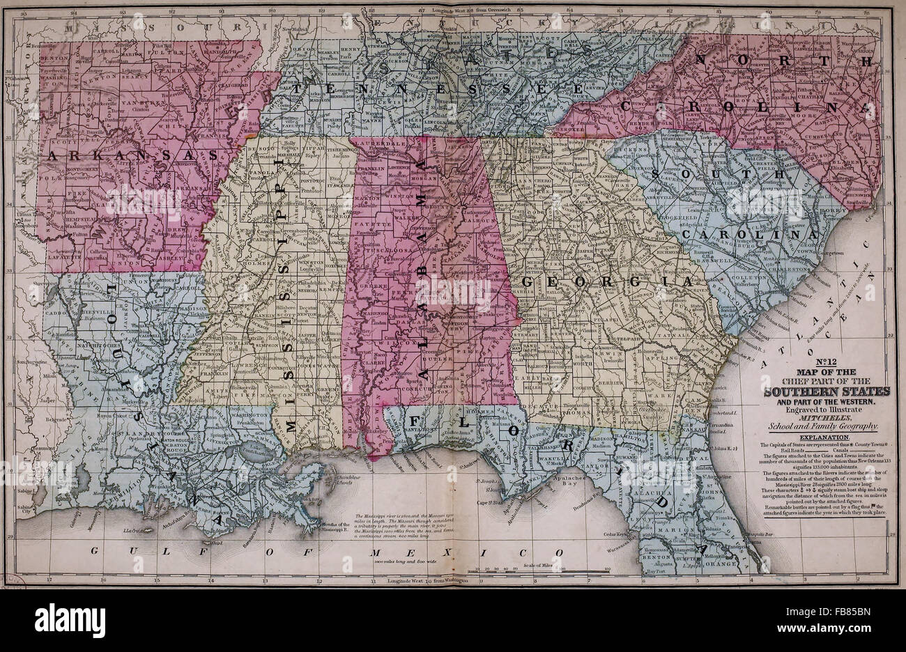 Mappa del sud degli Stati Uniti - Stati Uniti d'America - circa 1861 Foto Stock