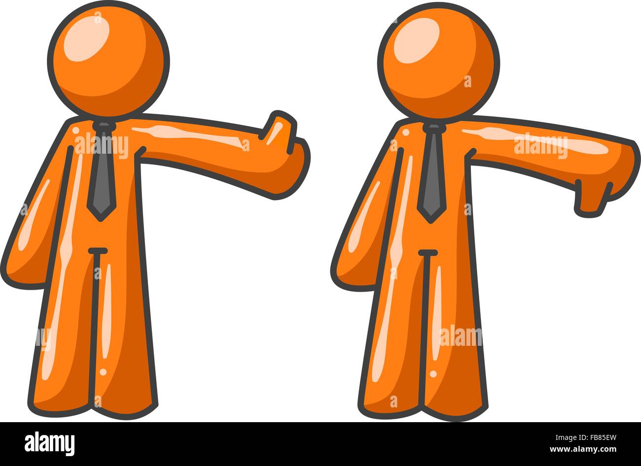 Due uomini di colore arancione critici, uno fornendo un pollice in alto, uno fornendo un pollice in giù. Illustrazione Vettoriale