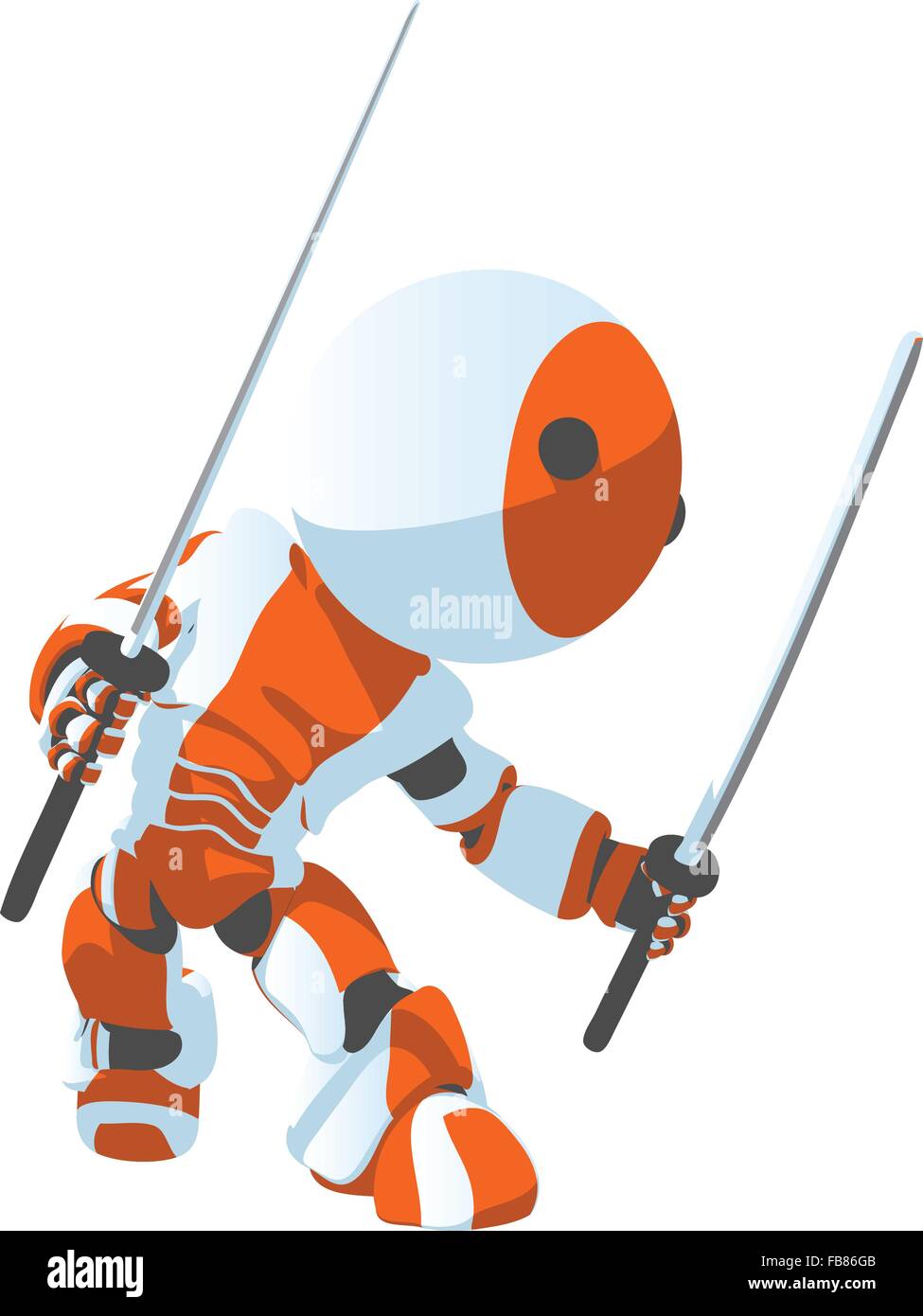 Un cartone animato di un bianco luminoso e orange robot in un ninja difesa pongono. Illustrazione Vettoriale