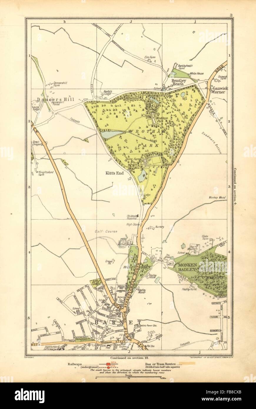 BARNET:Monken Hadley,Wrotham Park,Kitts fine,ballerino Hill,Ganwick Cnr, 1928 Mappa Foto Stock