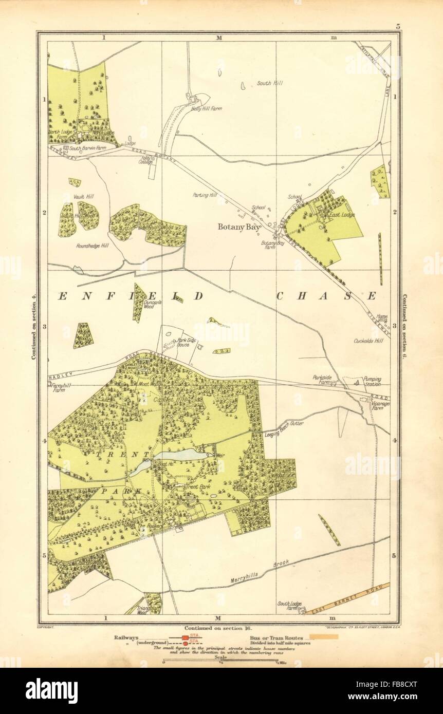 ENFIELD CHASE: Botany Bay, Trent Park, Southgate, East Barnet, 1928 mappa vecchia Foto Stock