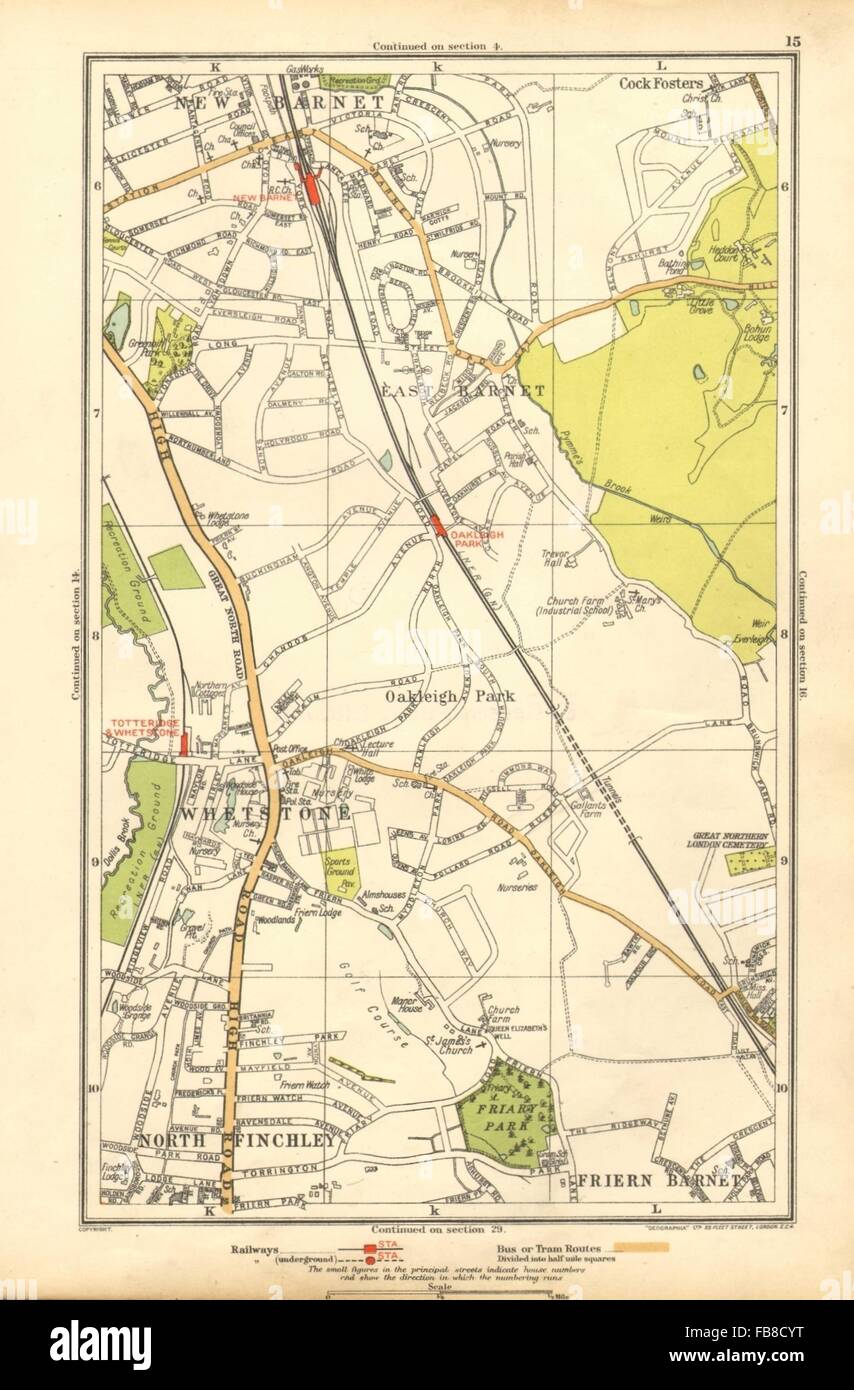 EAST BARNET: Friern Barnet;Whetstone, Finchley,Cockfosters,Totteridge, 1928 Mappa Foto Stock