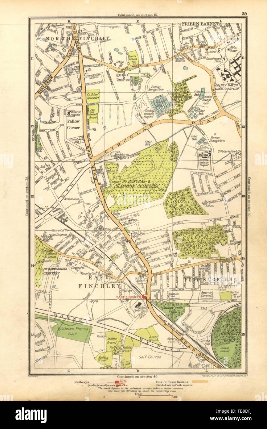 FINCHLEY: Fortis Green, Friern Barnet, Muswell Hill, angolo di maggese, 1928 Mappa Foto Stock