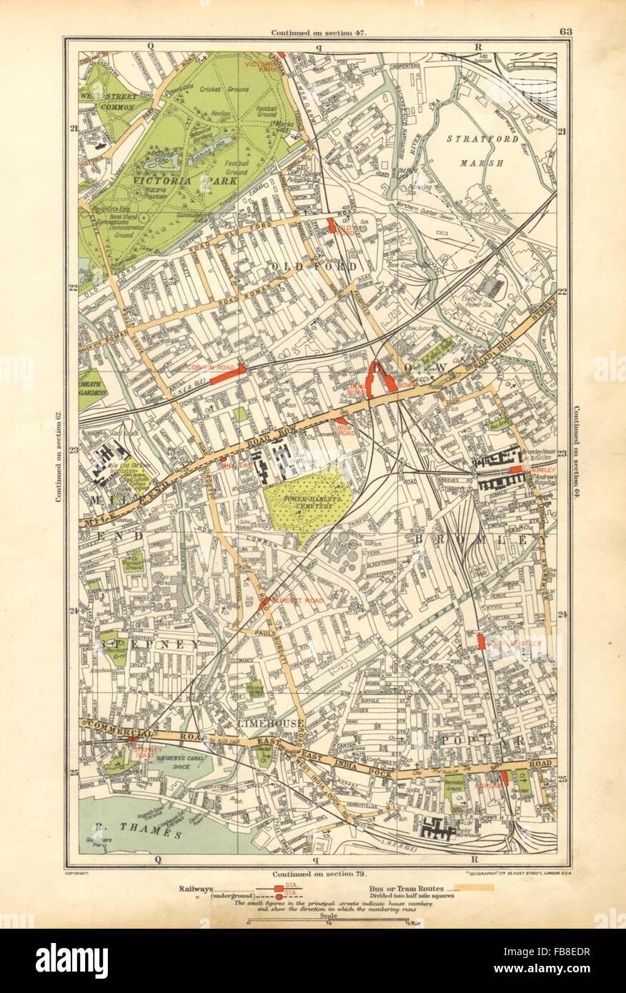 EAST END: Prua,Bromley,Limehouse,Old Ford,pioppo,Victoria Park,Stepney, 1928 Mappa Foto Stock