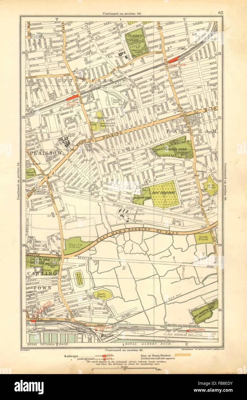 Londra: East Ham, Plaistow, Upton Park West Ham, Custom House, 1928 mappa vecchia Foto Stock