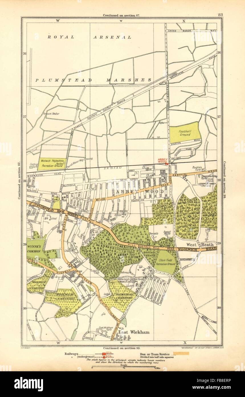 WOOLWICH: Abbey Wood, Plumstead, East Wickham, West Heath, 1928 Vintage map Foto Stock