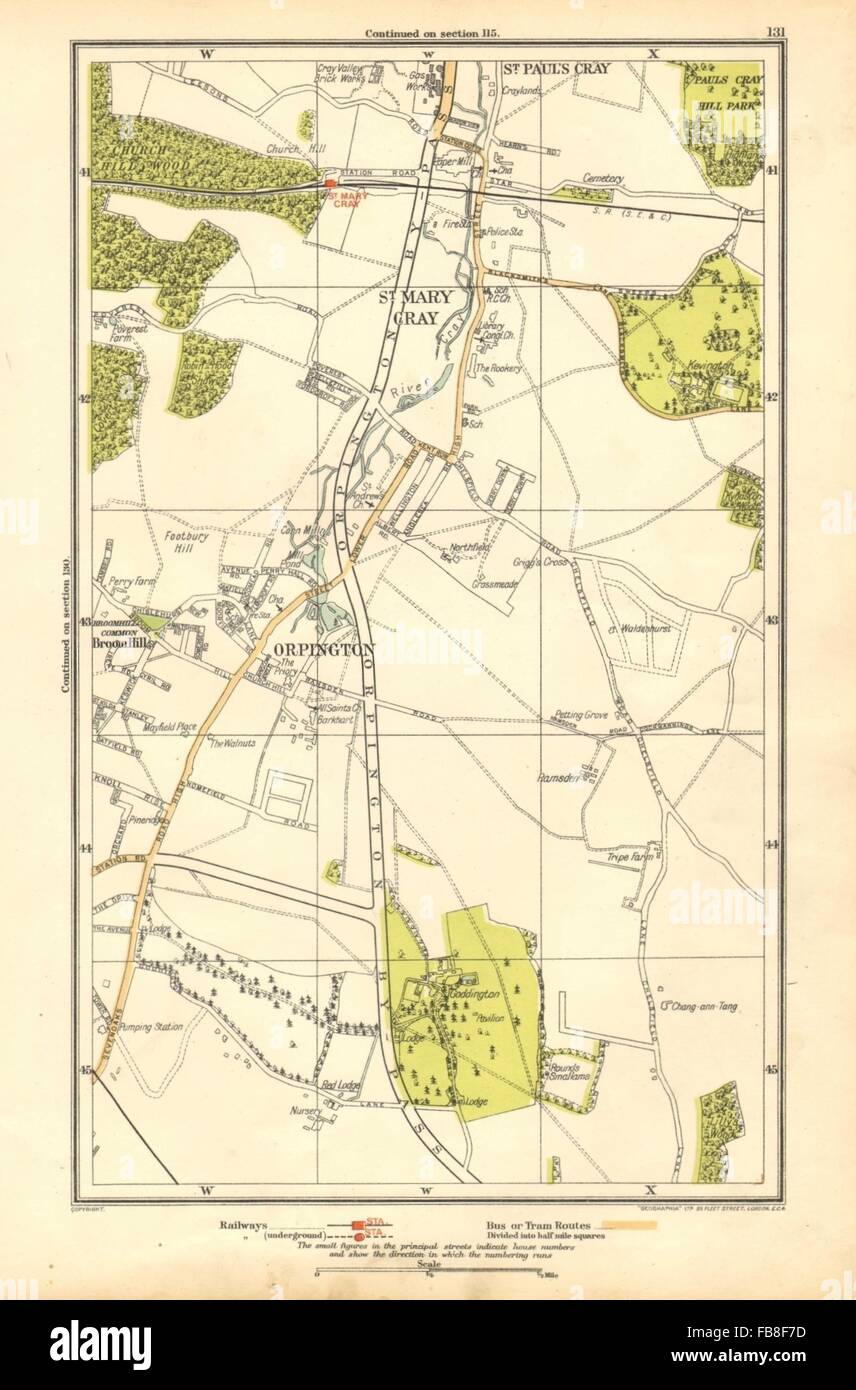 ORPINGTON: St Mary Cray, San Paolo Cray, ginestra Hill, Goddington, 1928 mappa vecchia Foto Stock