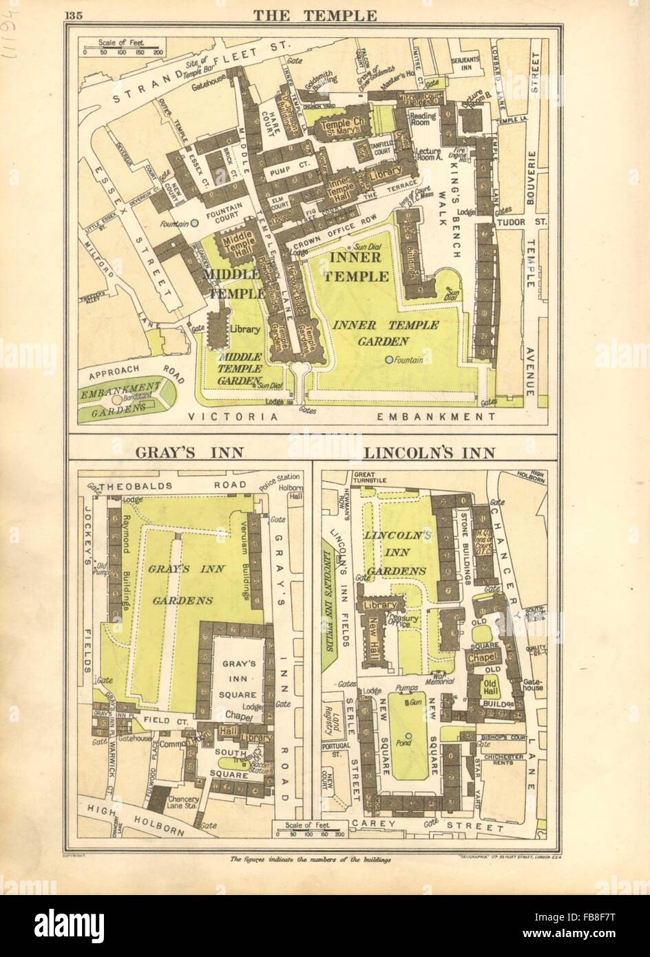 Londra legale: il tempio; Gray's Inn; LINCOLN' S INN, 1928 Vintage map Foto Stock