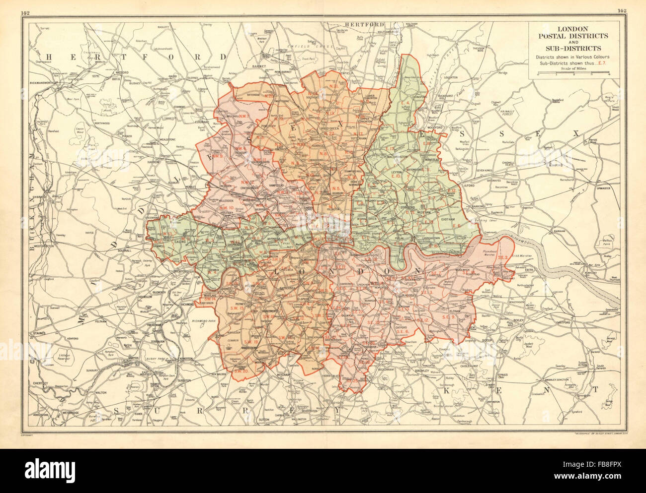Londra: distretti postali e Sub-Districts, 1928 Vintage map Foto Stock