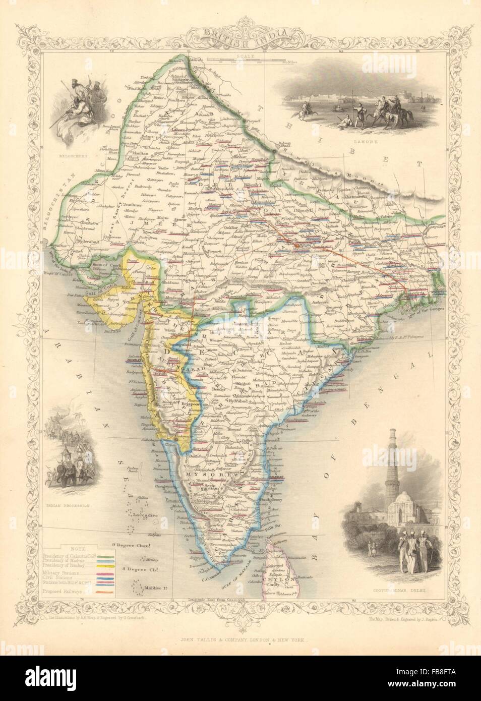 INDIA BRITANNICA: mostra "Proposte ferrovie". Basi militari.TALLIS/RAPKIN, 1851 Mappa Foto Stock